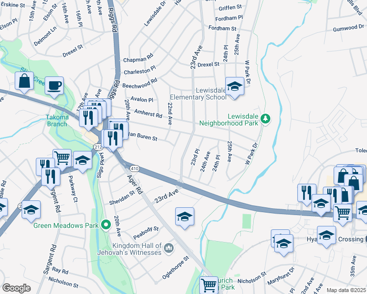 map of restaurants, bars, coffee shops, grocery stores, and more near 6632 23rd Avenue in Hyattsville