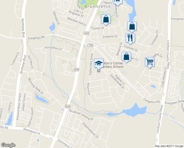 map of restaurants, bars, coffee shops, grocery stores, and more near 23296 Fallen Hills Drive in Ashburn