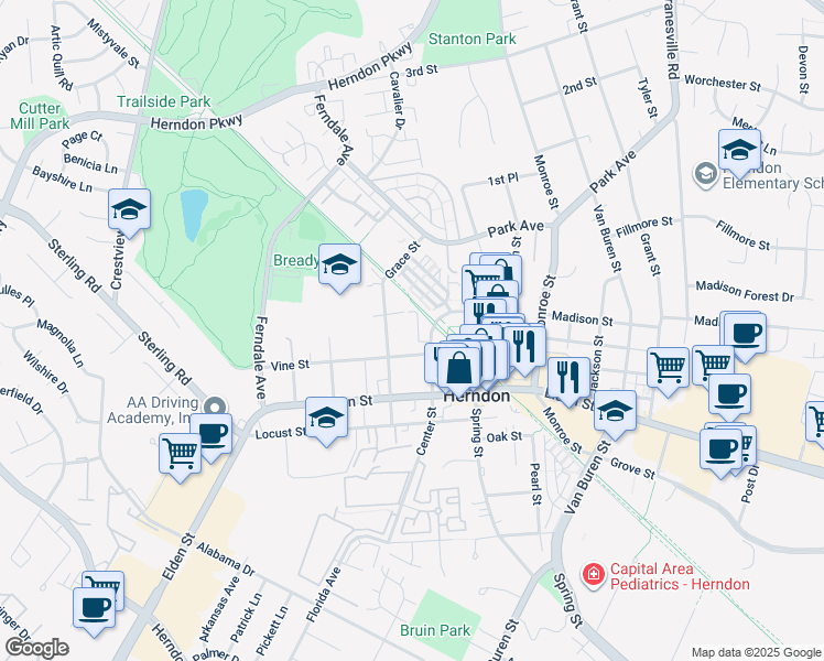 map of restaurants, bars, coffee shops, grocery stores, and more near 107 Vinehaven Way in Herndon