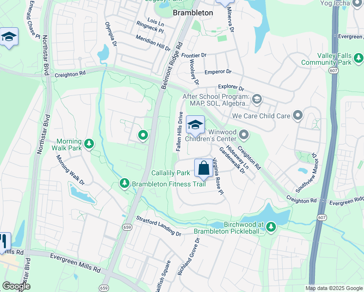 map of restaurants, bars, coffee shops, grocery stores, and more near 23296 Fallen Hills Drive in Ashburn
