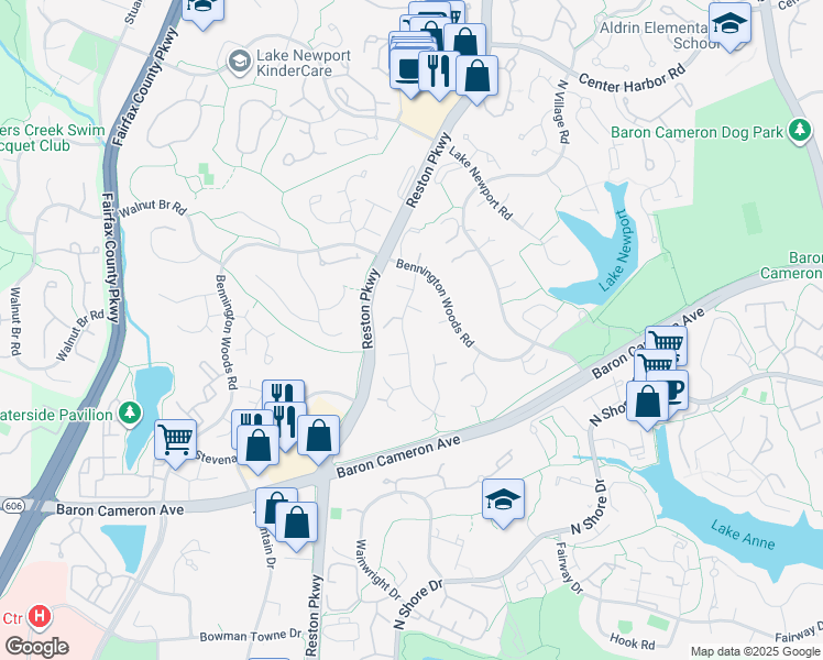 map of restaurants, bars, coffee shops, grocery stores, and more near 1613 Stowe Road in Reston