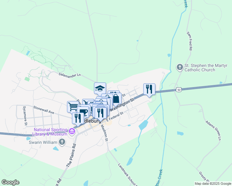 map of restaurants, bars, coffee shops, grocery stores, and more near 108 North Jay Street in Middleburg