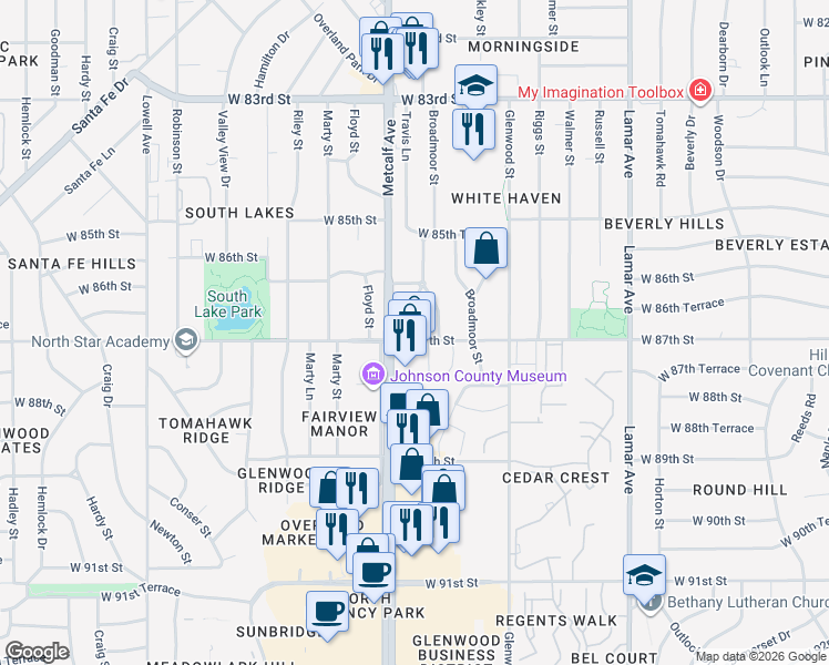 map of restaurants, bars, coffee shops, grocery stores, and more near 7000 West 87th Street in Overland Park