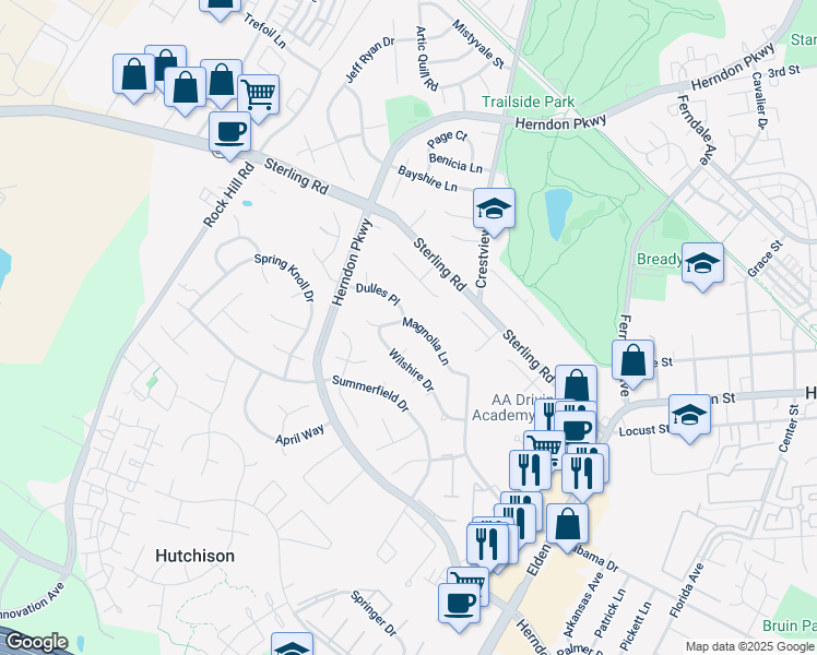 map of restaurants, bars, coffee shops, grocery stores, and more near 1257 Magnolia Lane in Herndon