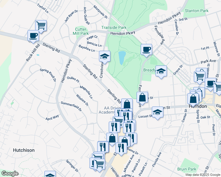 map of restaurants, bars, coffee shops, grocery stores, and more near 1144 Sterling Road in Herndon