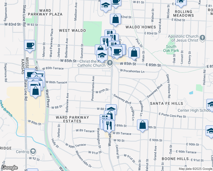 map of restaurants, bars, coffee shops, grocery stores, and more near 405 West 86th Terrace in Kansas City