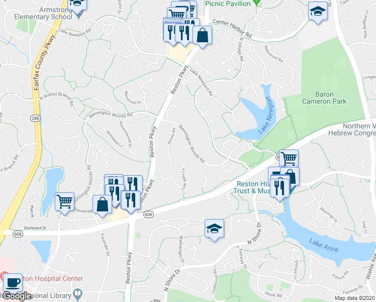 map of restaurants, bars, coffee shops, grocery stores, and more near 11677 Bennington Woods Road in Reston