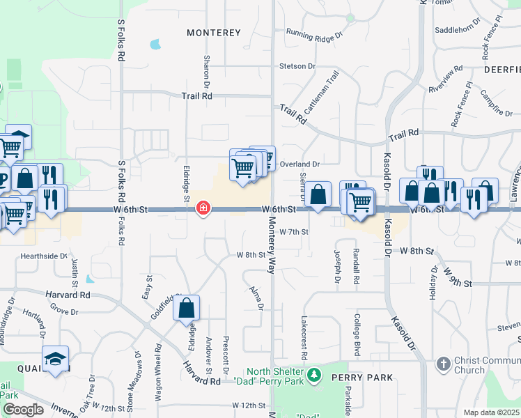 map of restaurants, bars, coffee shops, grocery stores, and more near West 6th Street in Lawrence