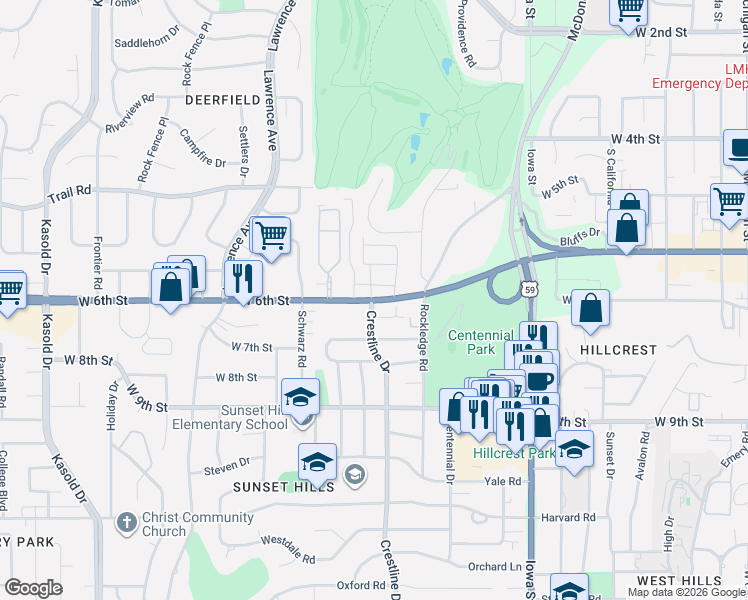 map of restaurants, bars, coffee shops, grocery stores, and more near 2441 U.S. 40 in Lawrence