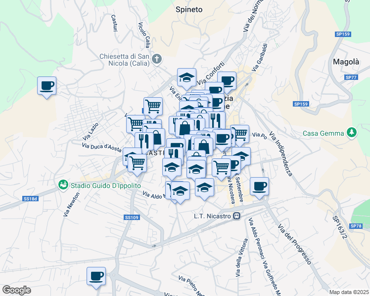 map of restaurants, bars, coffee shops, grocery stores, and more near 57 Via Trento in Lamezia Terme