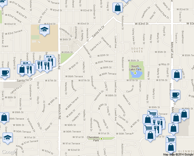 map of restaurants, bars, coffee shops, grocery stores, and more near 8114 West 87th Street in Overland Park