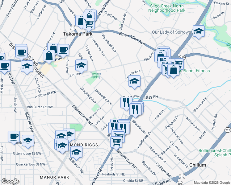 map of restaurants, bars, coffee shops, grocery stores, and more near 6624 Poplar Avenue in Takoma Park