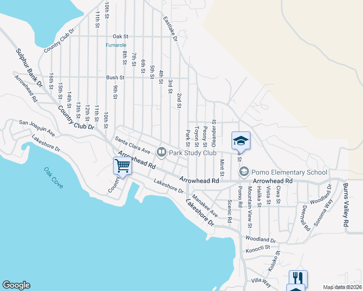 map of restaurants, bars, coffee shops, grocery stores, and more near 3496 2nd Street in Clearlake