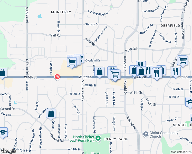 map of restaurants, bars, coffee shops, grocery stores, and more near West 6th Street in Lawrence