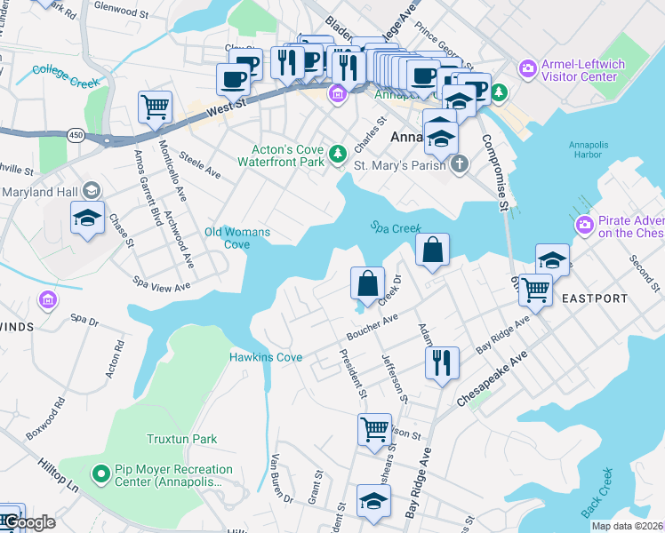 map of restaurants, bars, coffee shops, grocery stores, and more near 6 President Point Drive in Annapolis