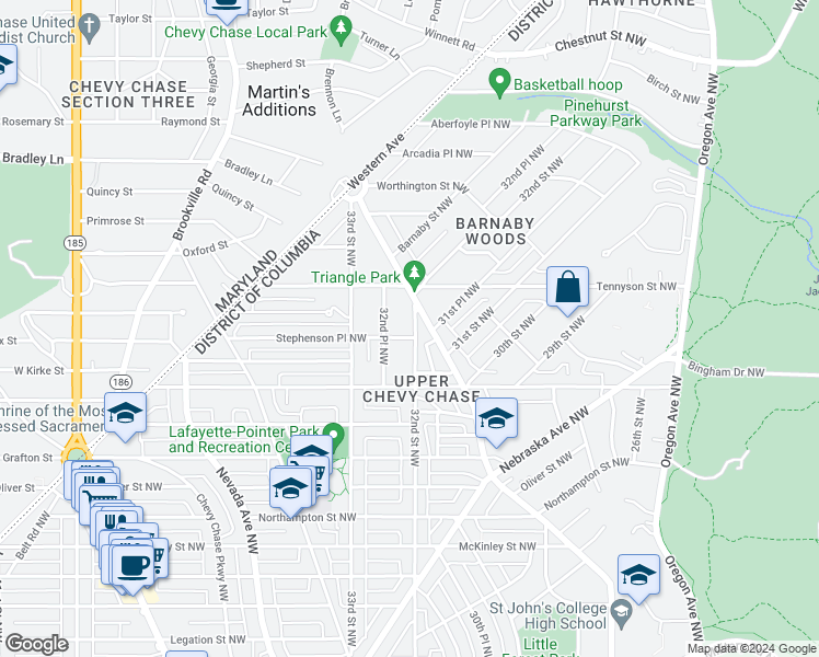 map of restaurants, bars, coffee shops, grocery stores, and more near 6204 32nd Street Northwest in Washington
