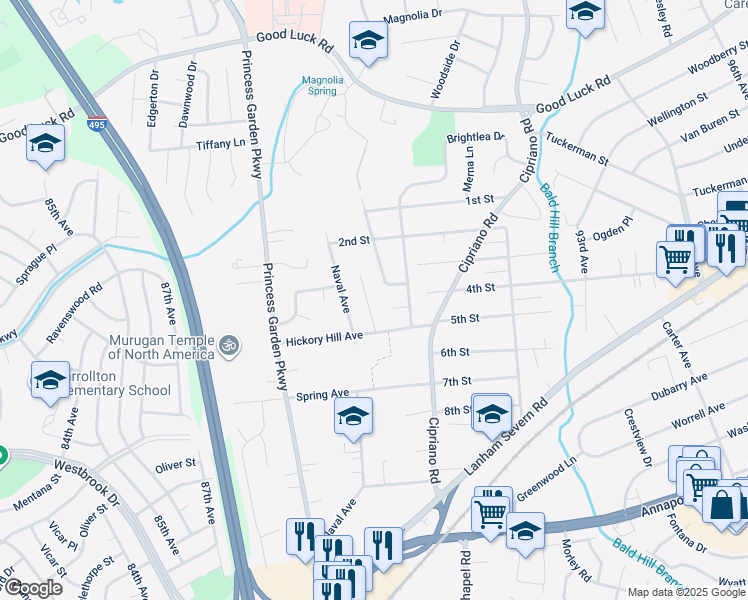 map of restaurants, bars, coffee shops, grocery stores, and more near 6311 Barrs Lane in Lanham