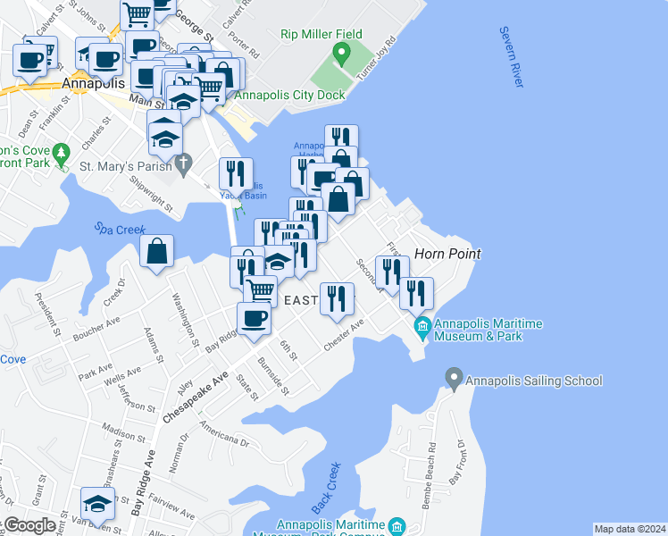 map of restaurants, bars, coffee shops, grocery stores, and more near 419 3rd Street in Annapolis
