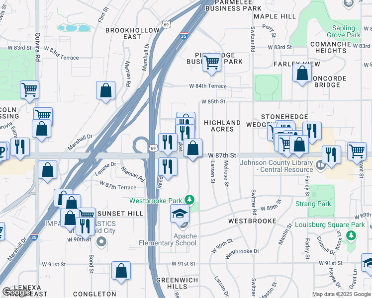 map of restaurants, bars, coffee shops, grocery stores, and more near 8699 Bluejacket Street in Lenexa