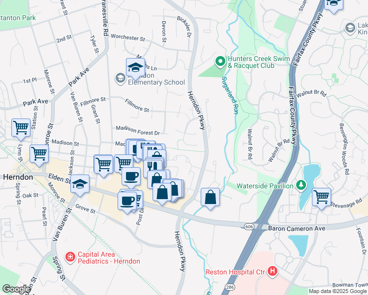 map of restaurants, bars, coffee shops, grocery stores, and more near 929 Leona Lane in Herndon