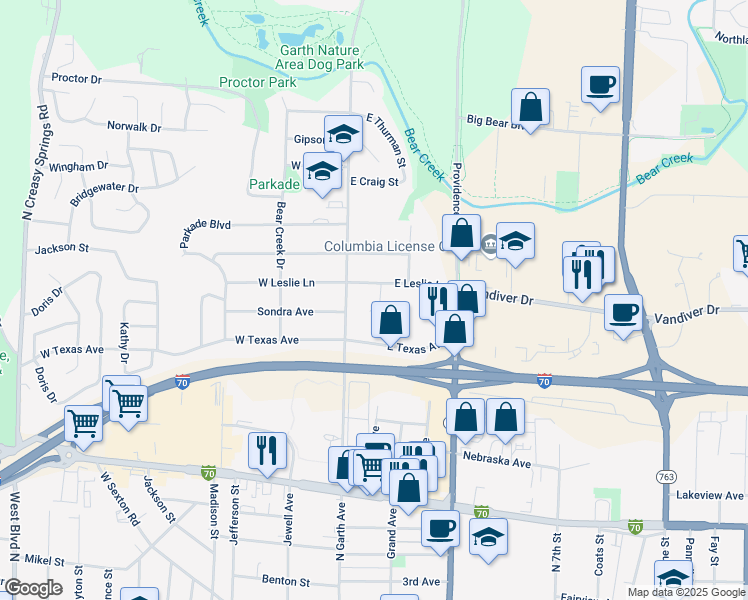 map of restaurants, bars, coffee shops, grocery stores, and more near 1805 George Court in Columbia