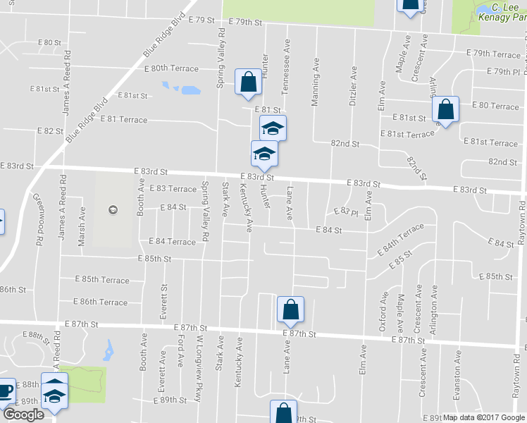 map of restaurants, bars, coffee shops, grocery stores, and more near 8312 Hunter in Raytown