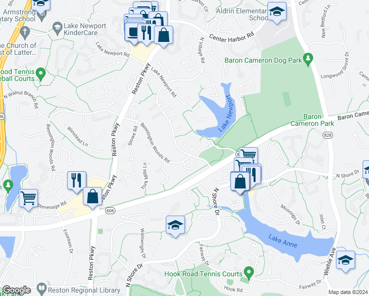 map of restaurants, bars, coffee shops, grocery stores, and more near 1587 Regatta Lane in Reston