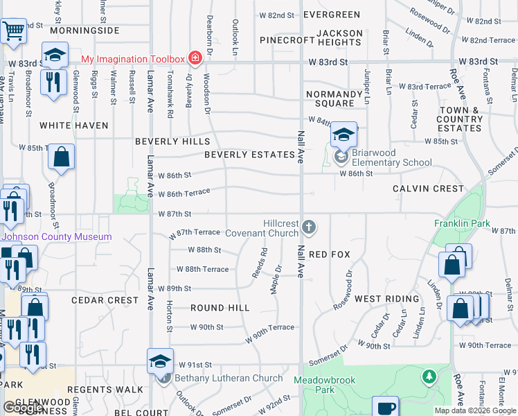 map of restaurants, bars, coffee shops, grocery stores, and more near 5616 West 87th Street in Overland Park