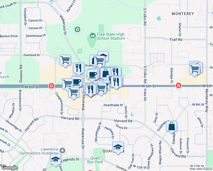 map of restaurants, bars, coffee shops, grocery stores, and more near West 6th Street in Lawrence