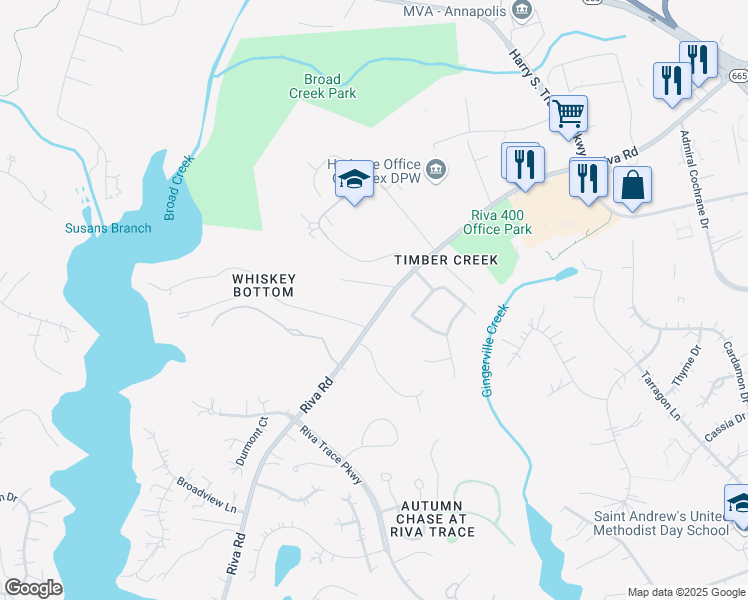 map of restaurants, bars, coffee shops, grocery stores, and more near 2718 Riva Road in Annapolis