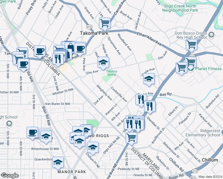 map of restaurants, bars, coffee shops, grocery stores, and more near 6616 Cockerille Avenue in Takoma Park