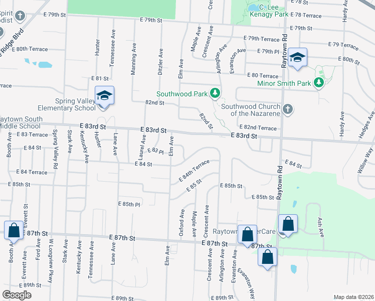 map of restaurants, bars, coffee shops, grocery stores, and more near 8325 Oxford Ave in Raytown
