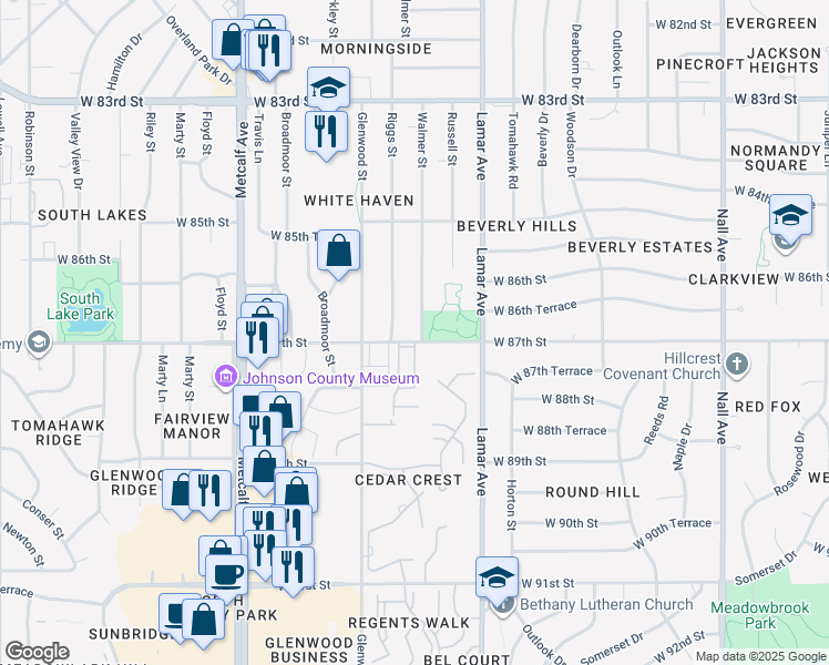 map of restaurants, bars, coffee shops, grocery stores, and more near 8636 Walmer Street in Overland Park