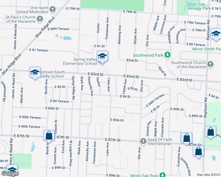 map of restaurants, bars, coffee shops, grocery stores, and more near 8313 Lane Avenue in Raytown
