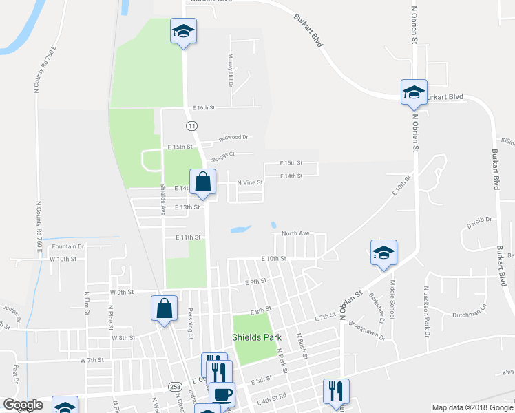 map of restaurants, bars, coffee shops, grocery stores, and more near 528 East 13th Street in Seymour