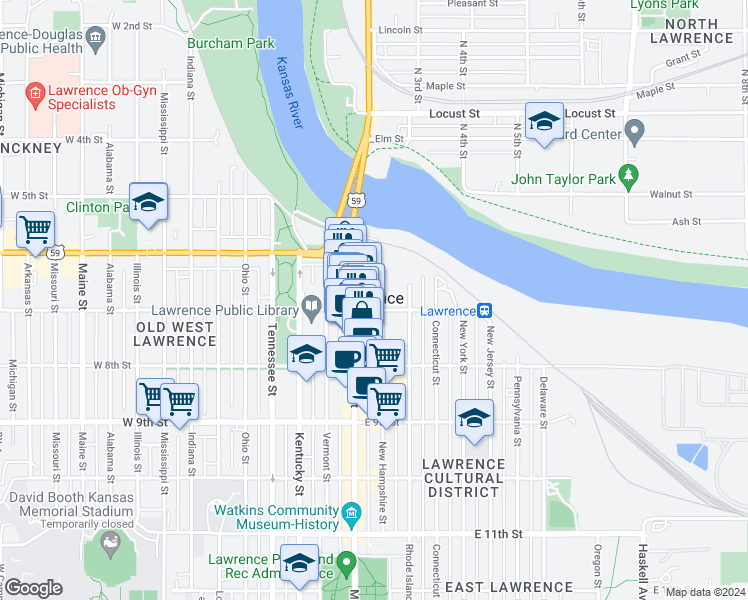 map of restaurants, bars, coffee shops, grocery stores, and more near 645 New Hampshire Street in Lawrence