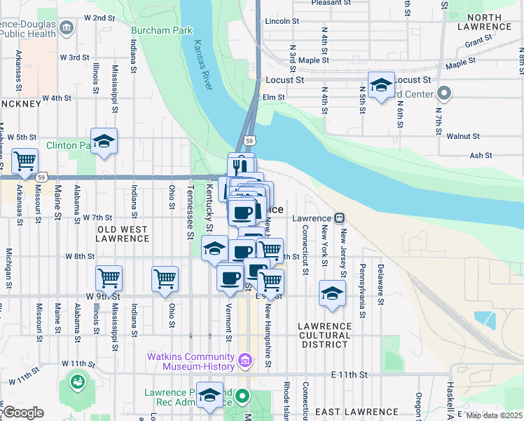 map of restaurants, bars, coffee shops, grocery stores, and more near 645 New Hampshire Street in Lawrence