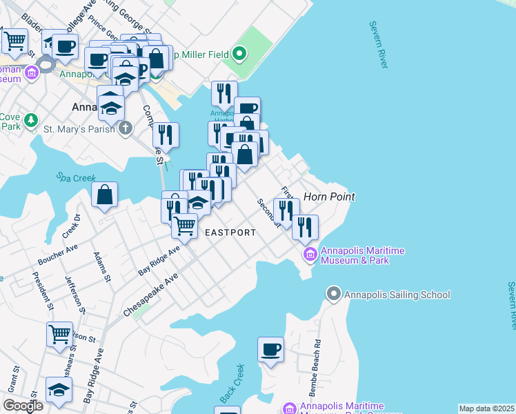 map of restaurants, bars, coffee shops, grocery stores, and more near 202 Chesapeake Avenue in Annapolis