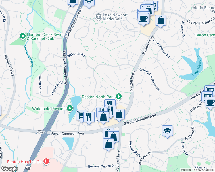 map of restaurants, bars, coffee shops, grocery stores, and more near 1639 Fieldthorn Drive in Reston