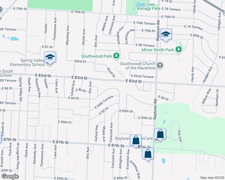 map of restaurants, bars, coffee shops, grocery stores, and more near 9409 East 84 Street in Raytown