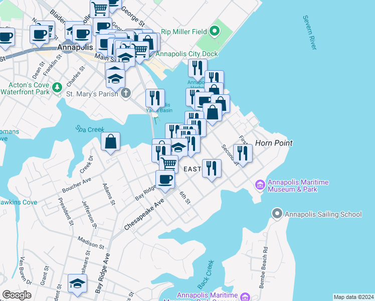 map of restaurants, bars, coffee shops, grocery stores, and more near Severn Avenue in Annapolis