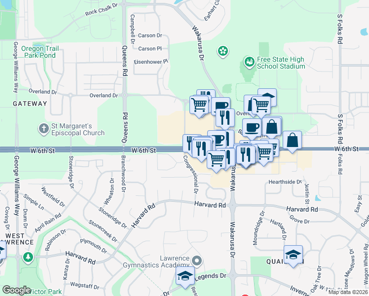 map of restaurants, bars, coffee shops, grocery stores, and more near West 6th Street in Lawrence