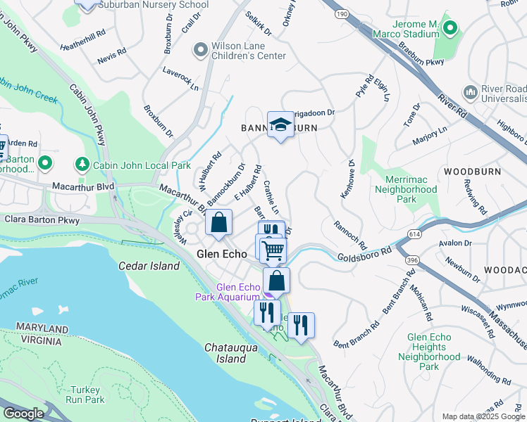 map of restaurants, bars, coffee shops, grocery stores, and more near 6809 Barr Road in Bethesda