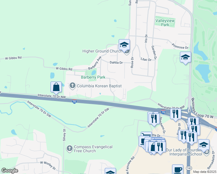 map of restaurants, bars, coffee shops, grocery stores, and more near 1419-1421 Barnwood Drive in Columbia