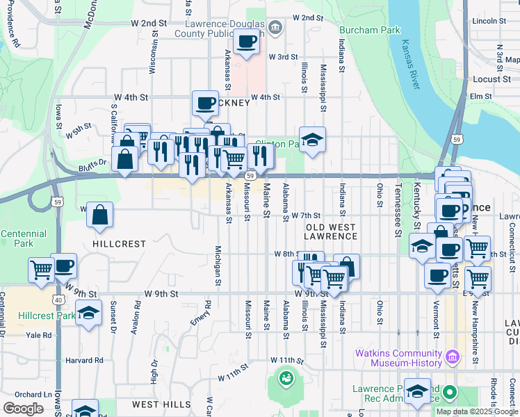 map of restaurants, bars, coffee shops, grocery stores, and more near 646 Missouri Street in Lawrence