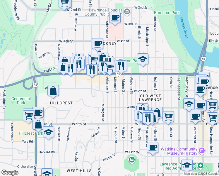 map of restaurants, bars, coffee shops, grocery stores, and more near 1226 West 7th Street in Lawrence