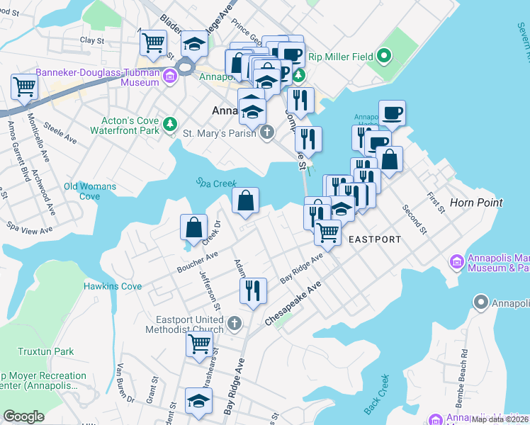 map of restaurants, bars, coffee shops, grocery stores, and more near 1 State Street in Annapolis
