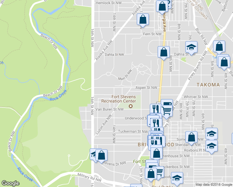 map of restaurants, bars, coffee shops, grocery stores, and more near 6707 14th Street Northwest in Washington