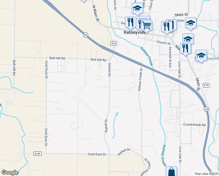 map of restaurants, bars, coffee shops, grocery stores, and more near 5750 Staheli Drive in Kelseyville