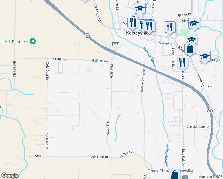 map of restaurants, bars, coffee shops, grocery stores, and more near 5750 Staheli Drive in Kelseyville